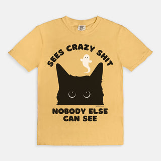 Black Cat Sees Spirits and Ghosts, Funny Halloween T-Shirt