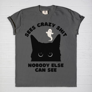 Black Cat Sees Spirits and Ghosts, Funny Halloween T-Shirt